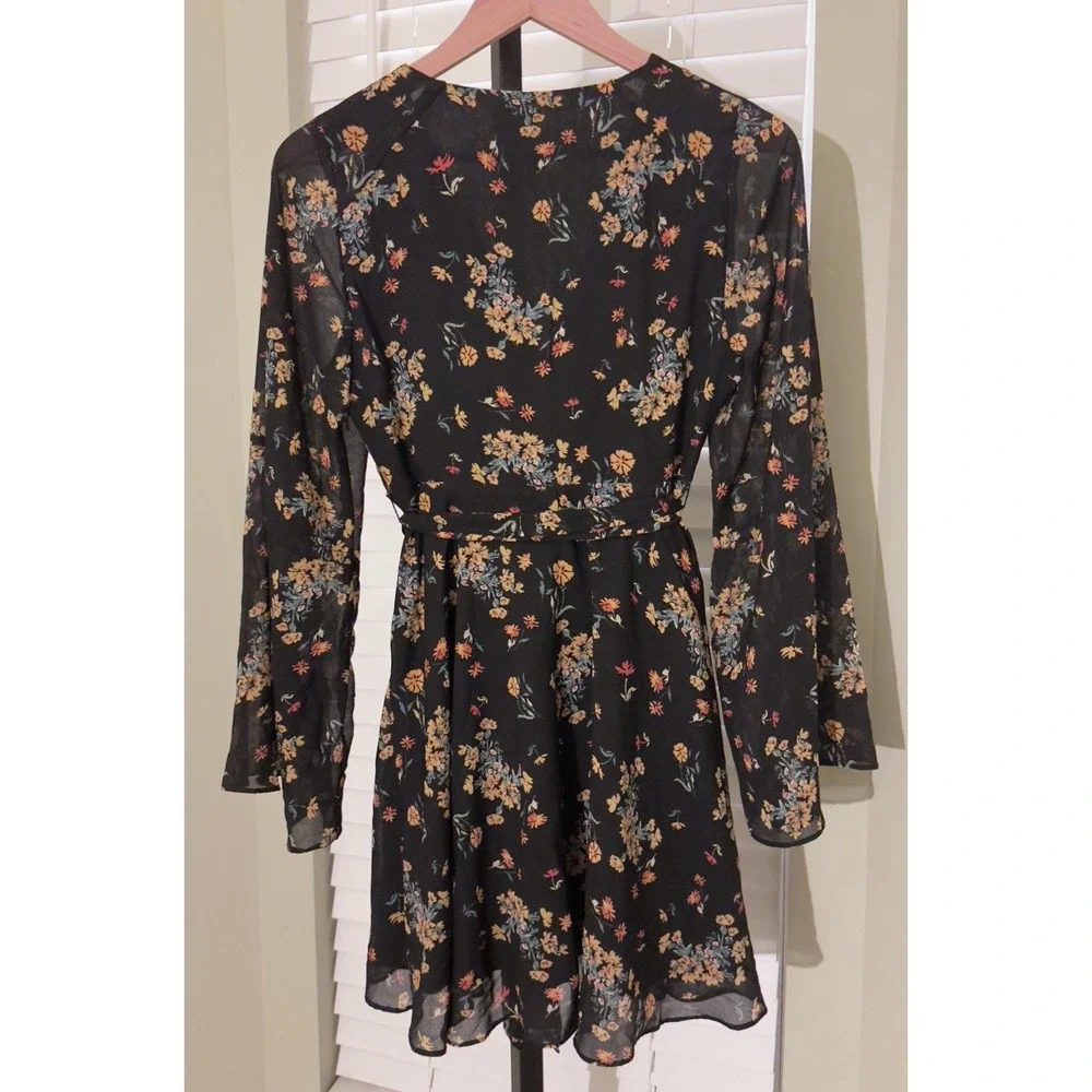 Free People Black Floral Mini Dress Size Small Sheer Boho Bell Sleeve, Waist Tie